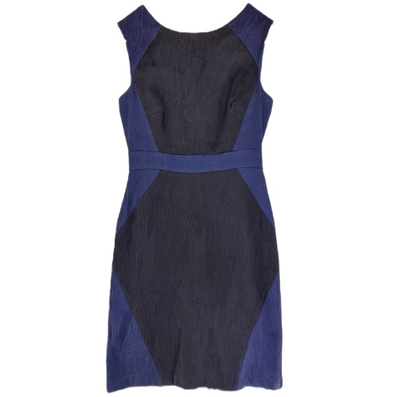 ADRIANNA PAPELL TEXTURED JACQUARD COLORBLOCK SLEEVELESS BLACK BLUE SHEATH DRESS - Picture 2 of 15